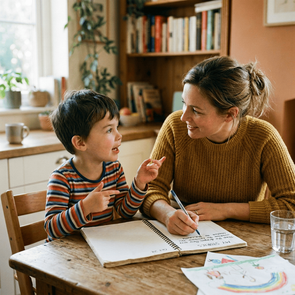 Mother writing in notebook while daughter talks excitedly at kitchen table
