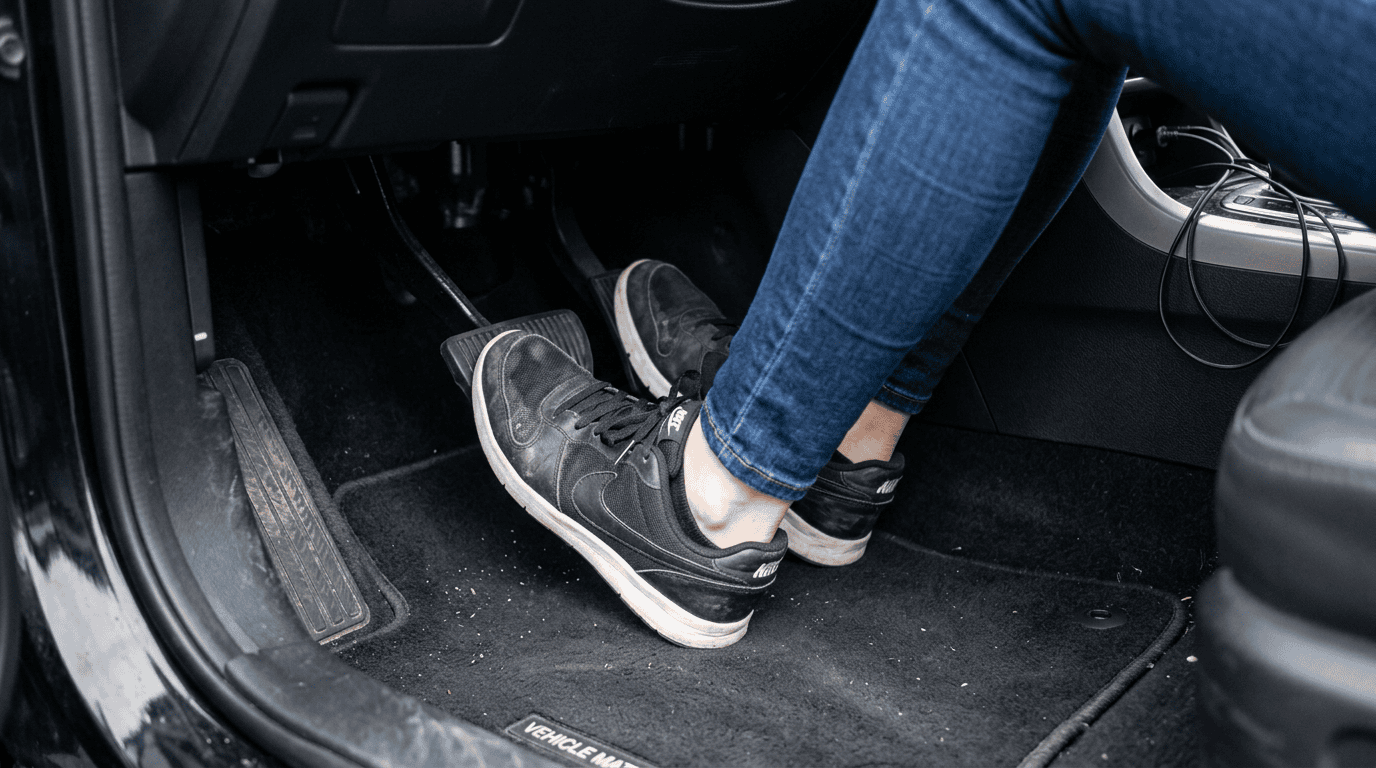 Person's feet in black sneakers pressing car pedals inside vehicle